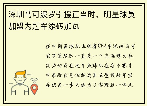 深圳马可波罗引援正当时，明星球员加盟为冠军添砖加瓦
